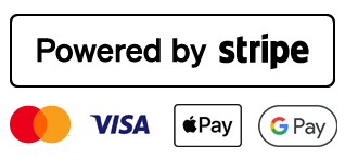 Powered by stripe. Mastercard, VISA, Apple Pay, Google Pay